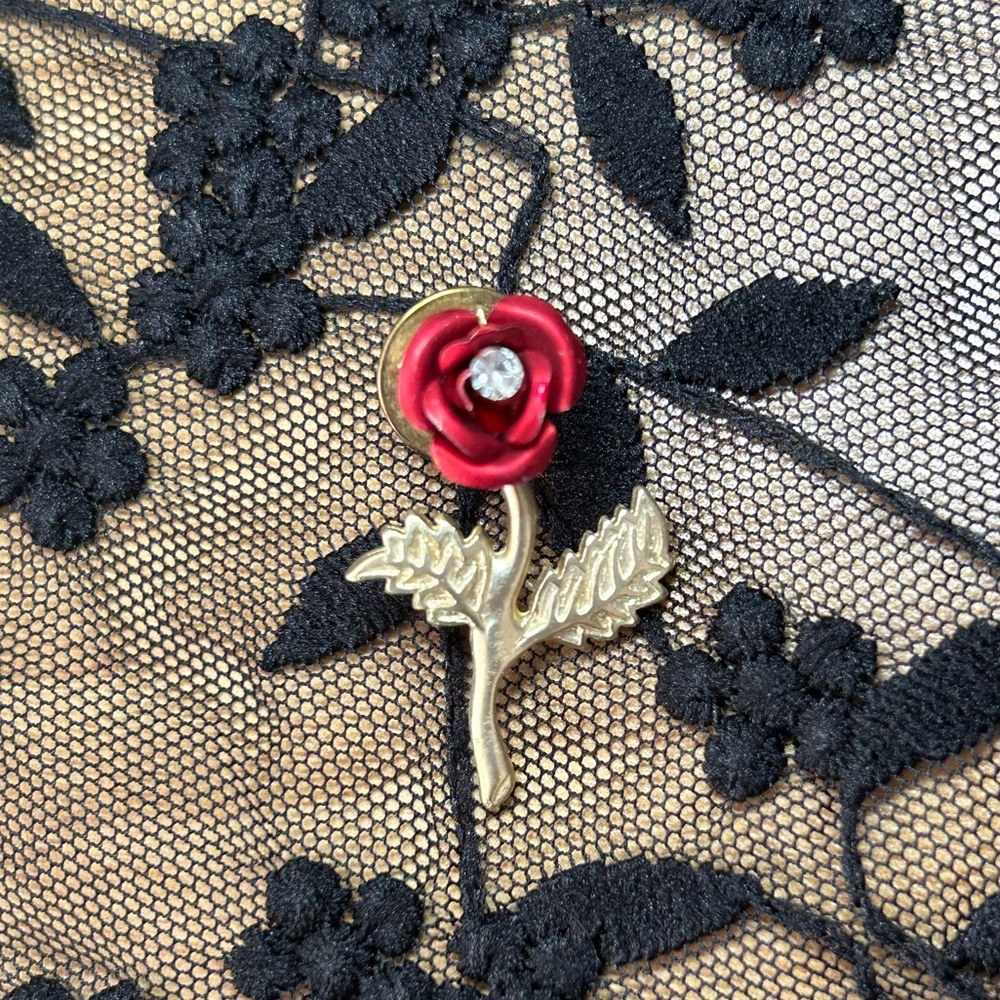 Rose Pin with CZ 1.5” Red and Gold